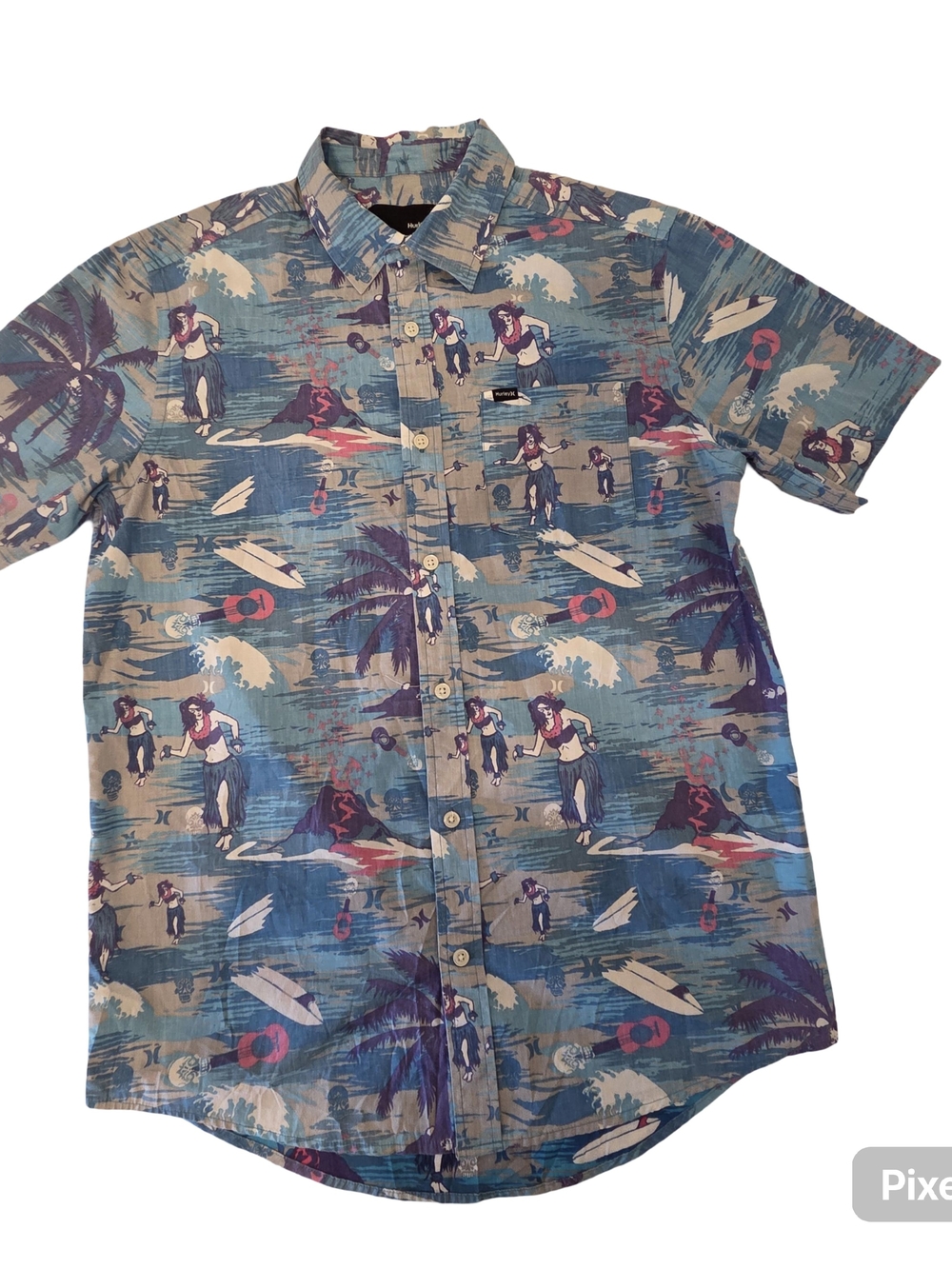 Hurley Men's Blue Tropical Surf Print Short-Sleeve Button-Down Shirt